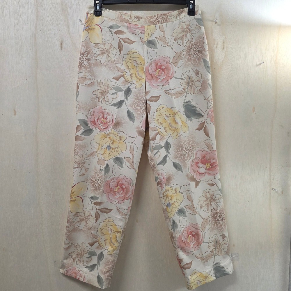 Talbots Petites Silk Cotton Floral Pants Size 12 Cream Pink Yellow Side Zip